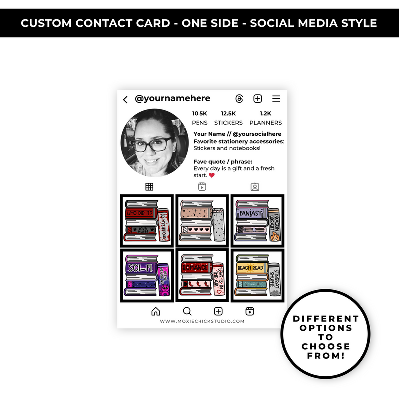 SOCIAL MEDIA STYLE CONTACT CARDS - THEME: BOOKSTACK DOODLES - NEW RELEASE